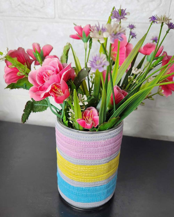 Tin Can Planter Made With Old Clothes Scraps