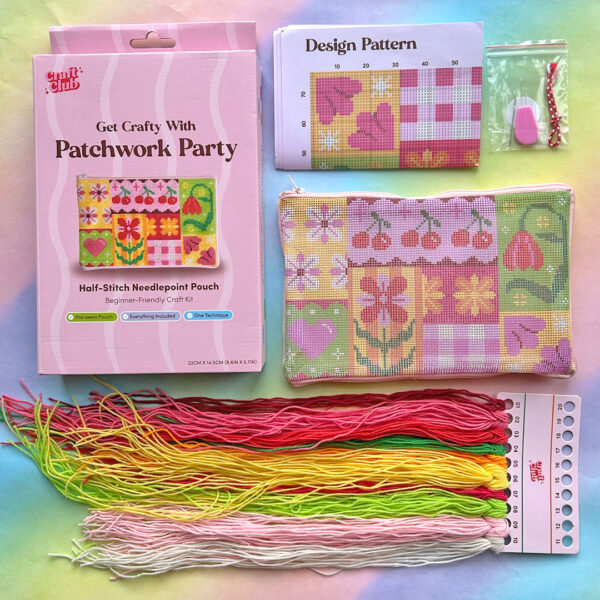 Patchwork Party needlepoint pouch kit from Craft Club