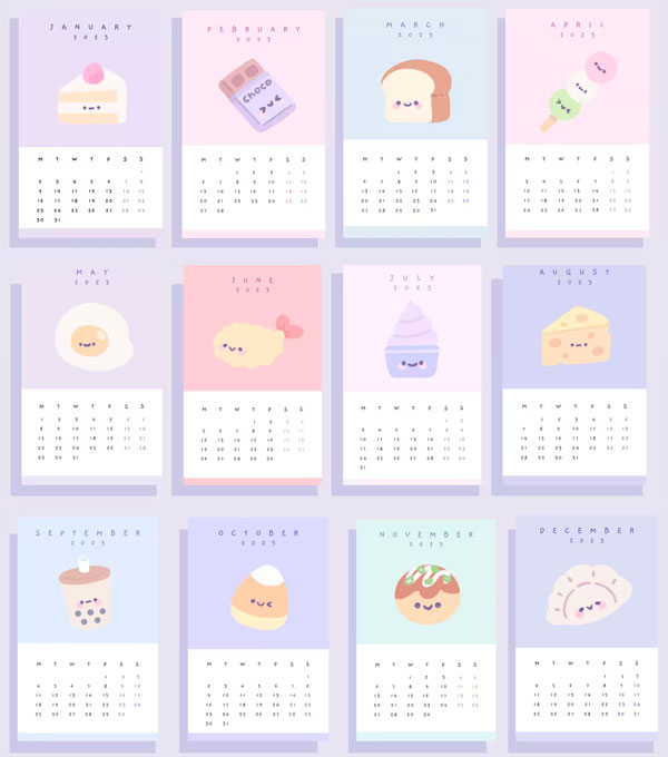 kawaii food 2023 Printable Calendars