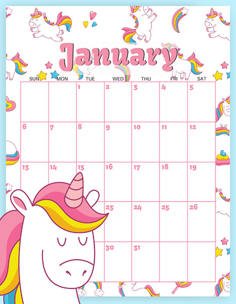 Free 2019 Printable Calendars - unicorns