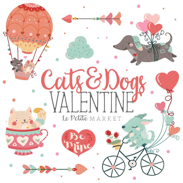 Cats and dogs Valentine's Day clip art