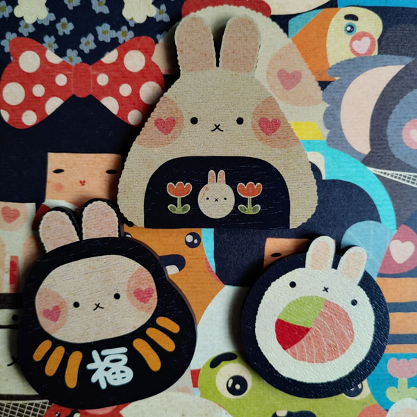bunny sushi kawaii wooden pin