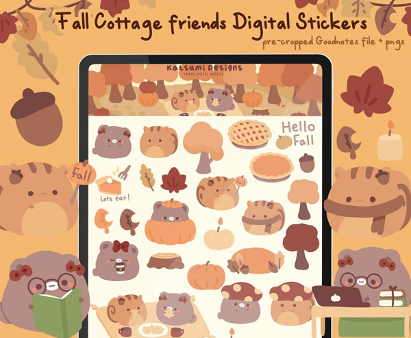 autumn kawaii digital stickers 