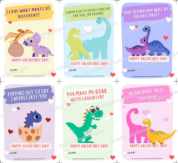 Dinosaur Valentine's Day printable cards