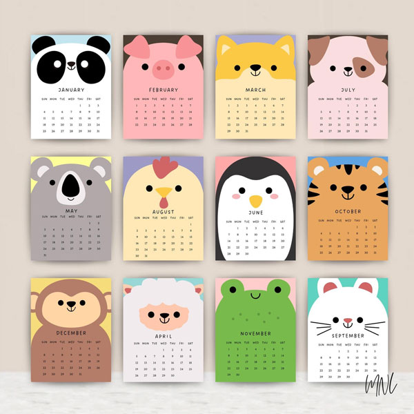 kawaii animals 2026 printable desk calendar