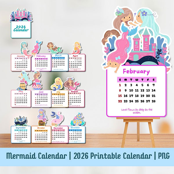 kawaii mermaids 2026 printable desk calendar