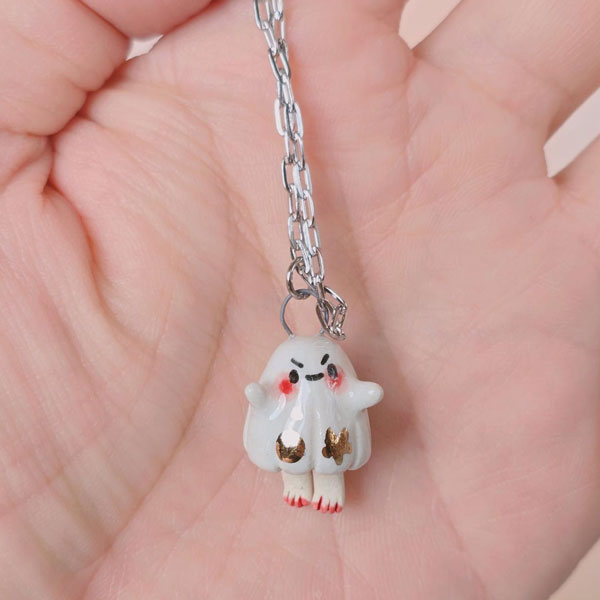 handmade kawaii ceramic ghost necklace