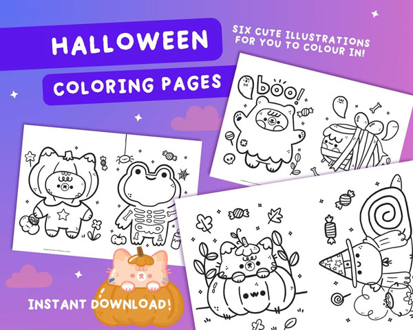 Kawaii Halloween colouring sheets