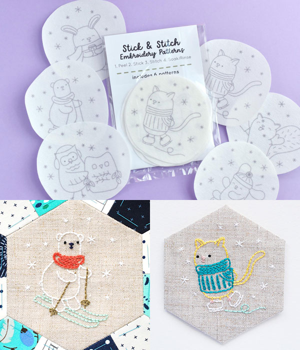 kawaii winter animals stick & stitch embroidery pack