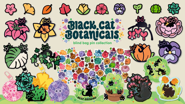 Black Cat Botanicals floral enamel pins