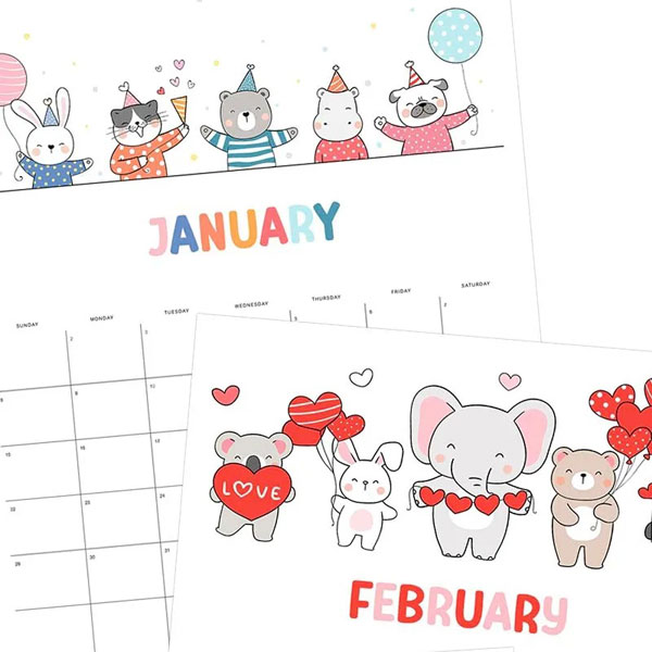 cute animals 2023 Printable Calendars