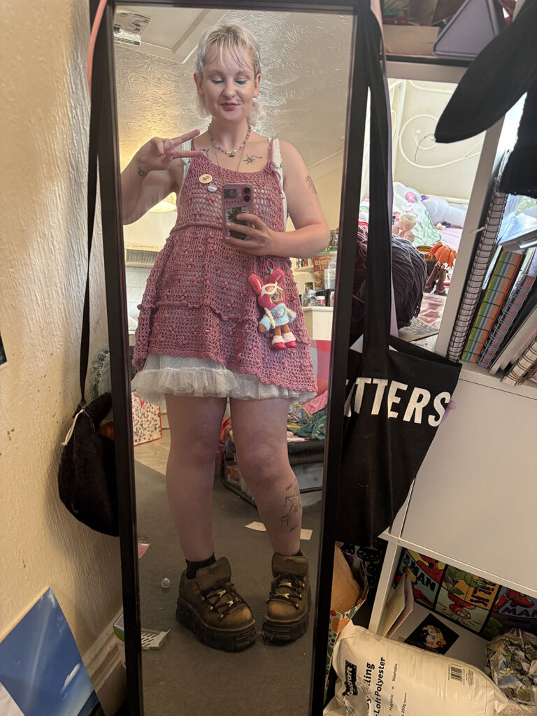Gabriel's pink mesh dress