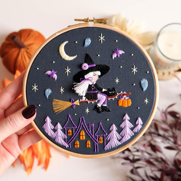 Kawaii Halloween witch embroidery kit