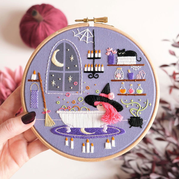 Kawaii Halloween witch embroidery kit